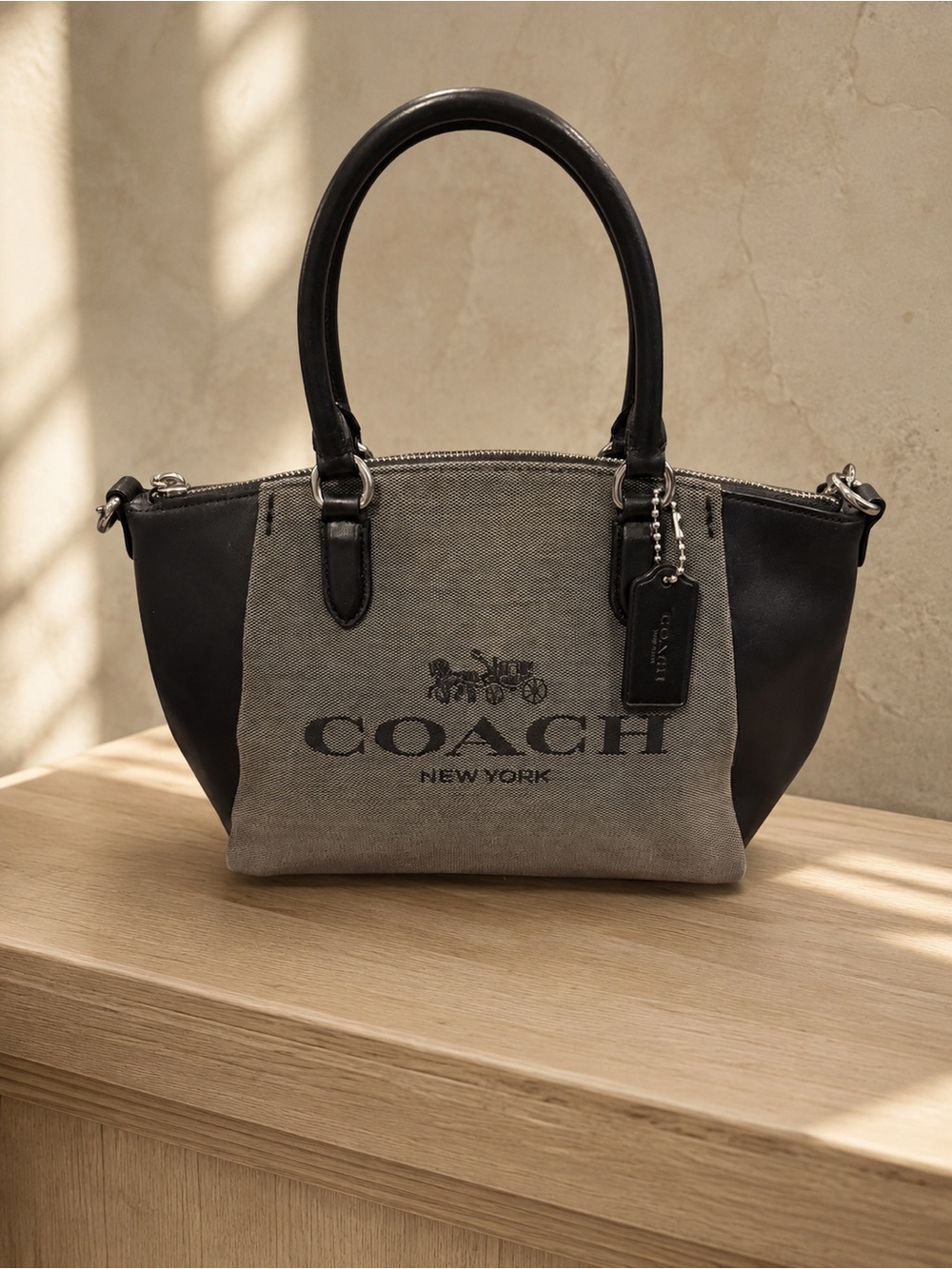 Coach Gray Canvas & Black Leather Shoulder Tote